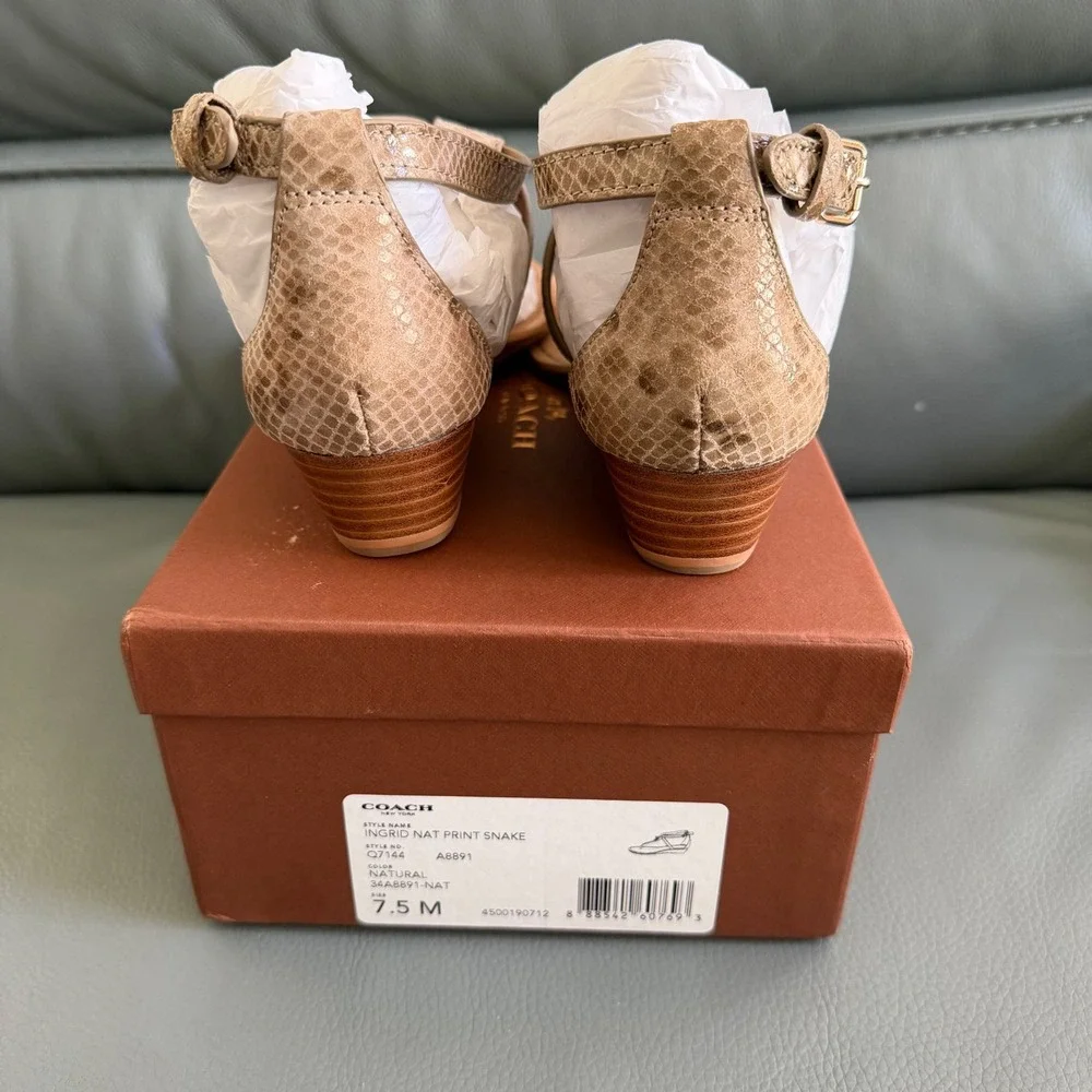 Coach Ingrid Natural Snakeskin Print Leather Wedge Thong Sandals 7.5M Q7144 New